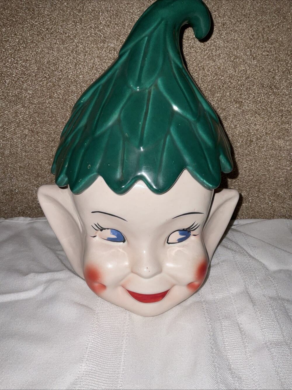 Vintage Elf Pixie MCM Head Cookie Jar with Green Hat 1950S